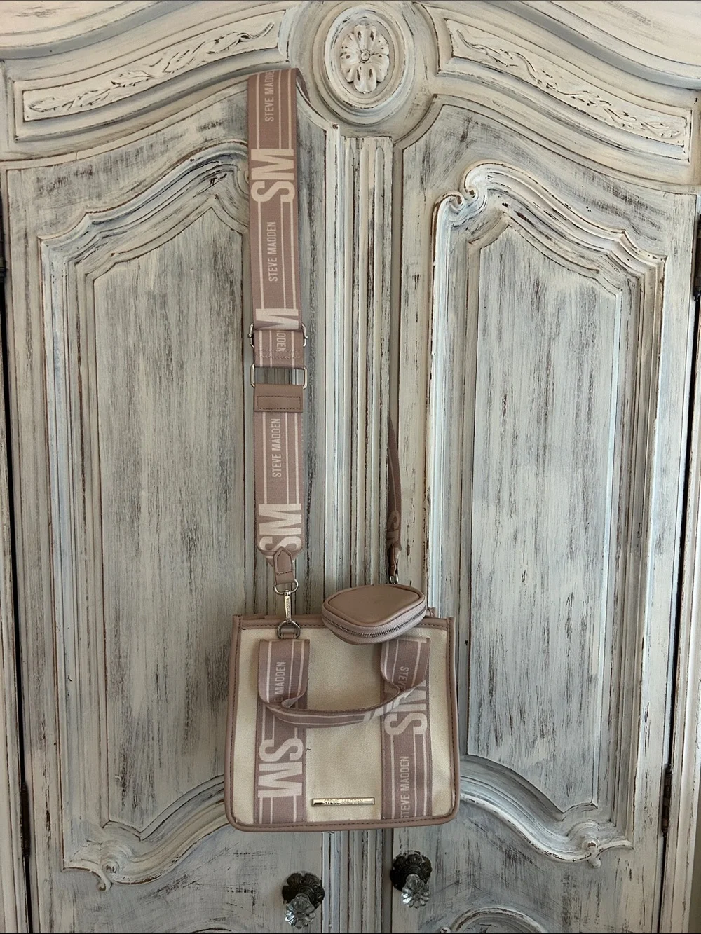 Steve Madden Beige Cream Logo-Striped Messenger Bag with Branded Strap